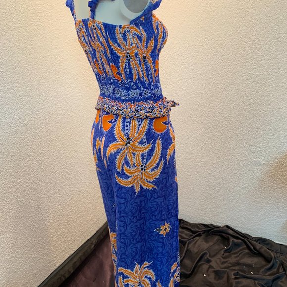 Cute shirred rayon top and groovy wrap pants set blue orange white one size - Picture 5 of 10